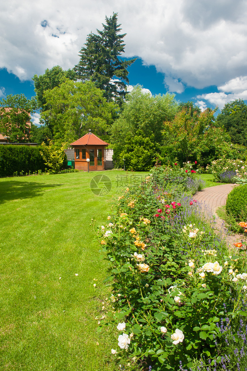 园中有玫瑰花蓝天薰衣草绿色生长灌溉凉亭玫瑰房子植物花园图片