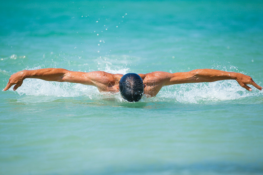 青年男子在大洋中游泳水池蝴蝶乐趣蓝色活动空气运动行动活力男人图片