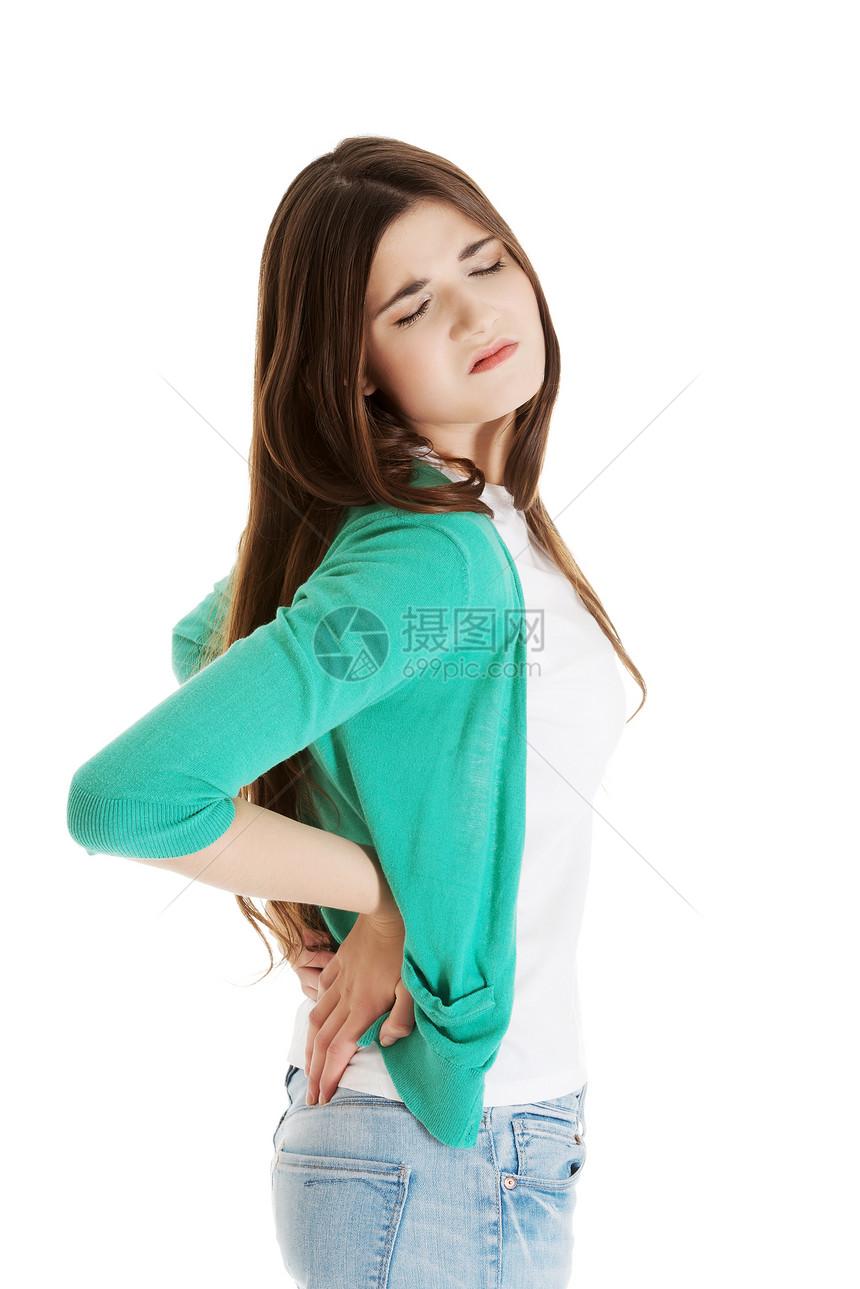 年轻女人背部疼痛保健肩膀成人运动员身体卫生按摩痛苦运动女士图片
