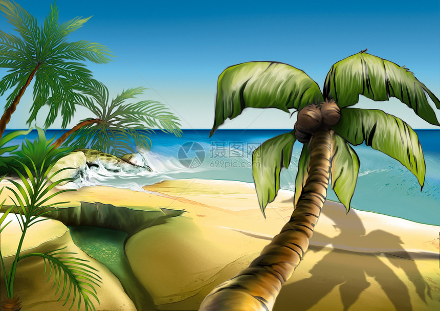 棕榈海滩砂岩位图插图手掌海岸线支撑棕榈海浪手绘小溪图片