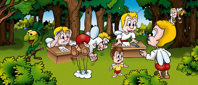 茶叶卡通人物手绘学校中的臭虫手绘绘画动画片卡通片森林位图树木甲虫课桌插图背景