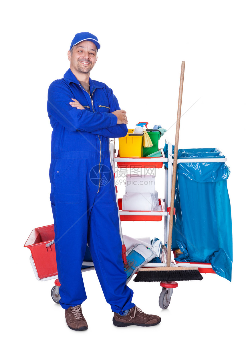 微笑清洁的肖像蓝色工人房子拖把服务打扫口袋保姆灰尘男人图片