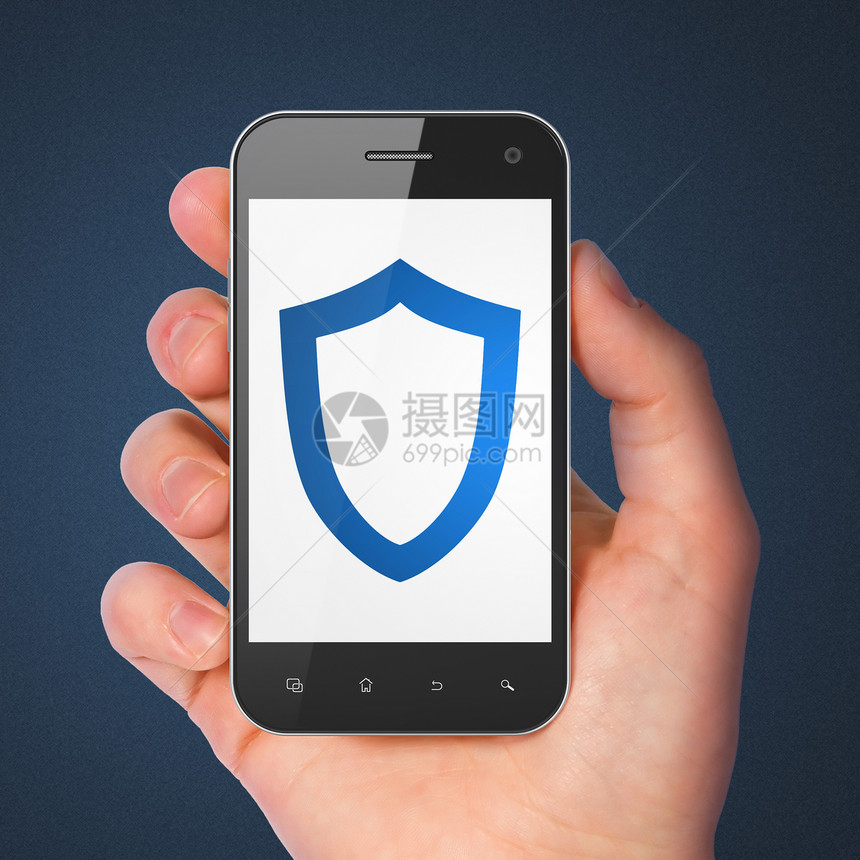 安全概念 智能手机的蒙面盾牌犯罪网络警报攻击代码数据政策财产背景蓝色图片