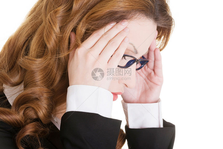 头疼的女商务人士商业疾病压力黑发女士女孩工作偏头痛悲伤商务图片