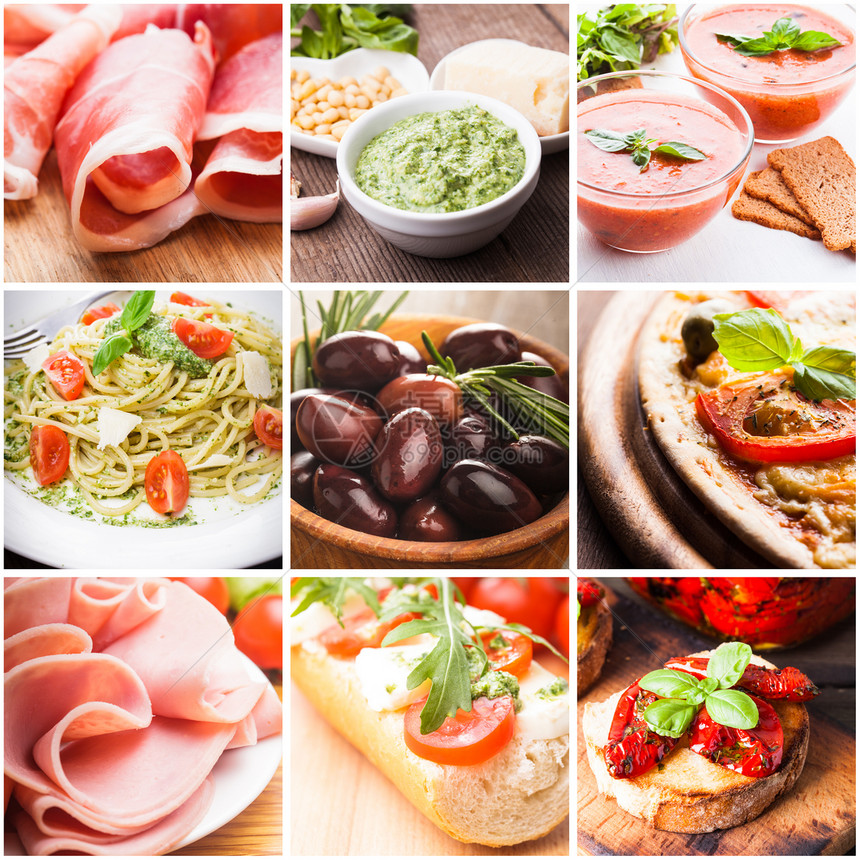 意大利食物传统盘子沙拉香蒜蔬菜洋葱凉菜火腿烹饪美食图片