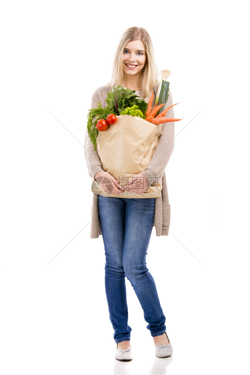 携带蔬菜的美丽女子成人杂货店水果身体女性销售活力消费者女孩购物图片