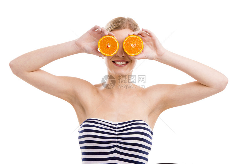 健康女孩橙子隐藏喜悦营养成人金发女郎女孩微笑食物幸福图片
