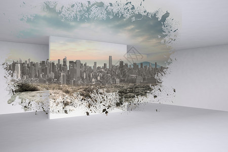 显示城市风景的闪光计算机未来派摩天大楼建筑绘图房间景观飞溅背景图片