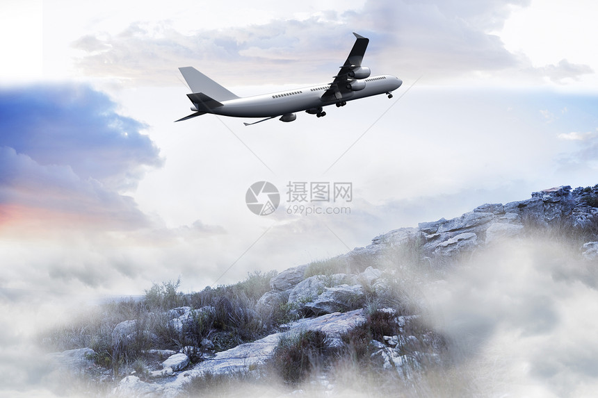 迷雾景观的复合图像多云环境飞机计算机飞行航空航班旅游绘图旅行图片