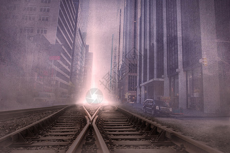 火车轨道上的城景投影背景图片