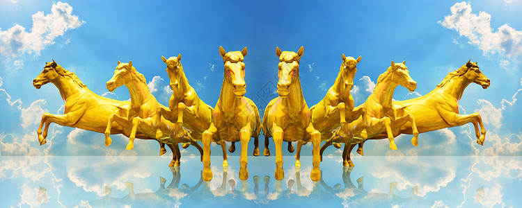 一群金马在天空中奔跑雕刻动物艺术雕塑肌肉哺乳动物跑步农场尾巴马匹背景