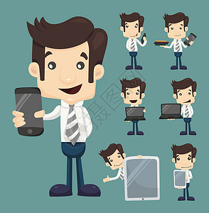 智能外呼一套商务人士显示平板牌和智能电话字符外装男人商务人士漫画工作套装就业互联网电脑办公室设计图片