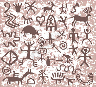 古代洞穴花纹形态石头历史性框架岩石艺术脚本岩画绘画动物打猎背景图片