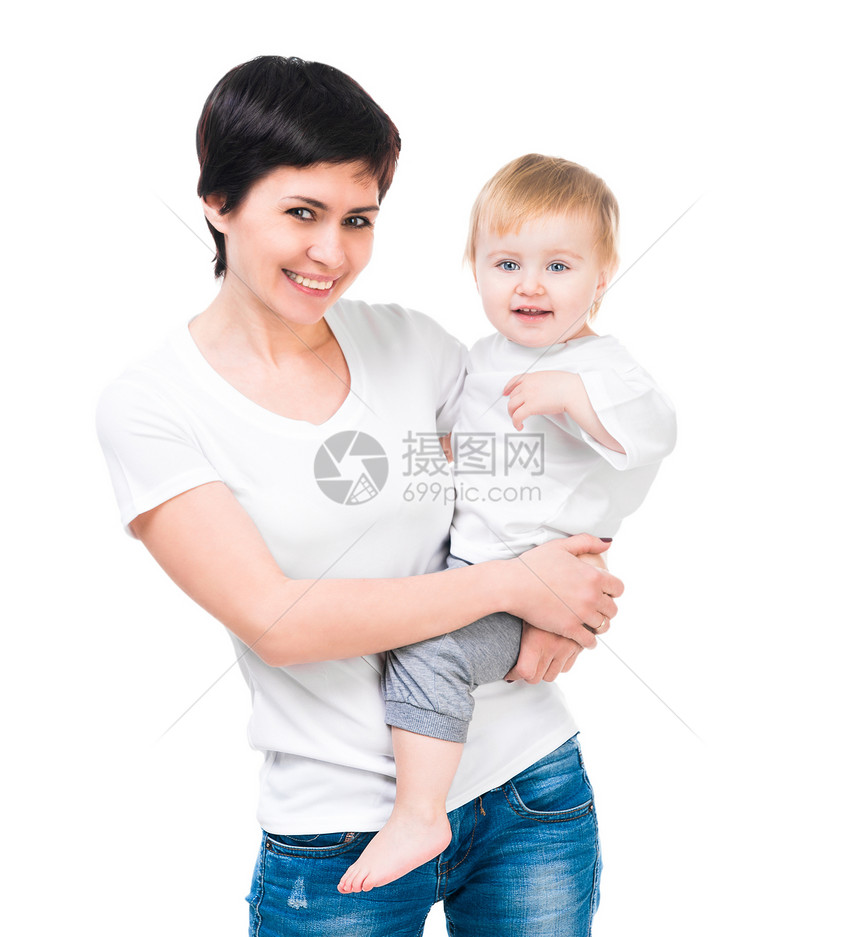 年轻 微笑的母亲与婴儿图片