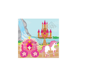 马焦雷湖马车和中世纪的城堡童话瀑布花园花朵草地寓言艺术王国石头运输插画