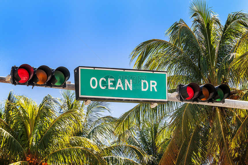 美国弗洛里德迈阿密海滩吸引力历史性红绿灯艺术地标建筑物街道城市生活装饰手掌图片