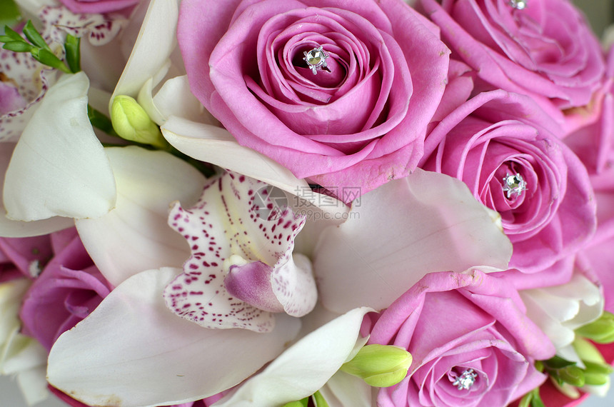 粉红玫瑰和白兰花玫瑰婚礼礼物钻石叶子新娘紫色水晶兰花粉色图片