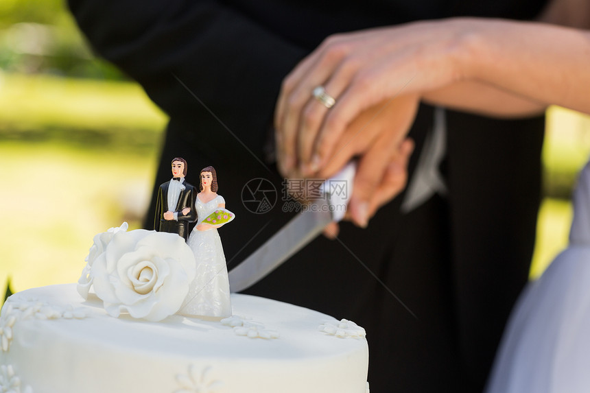 新婚切婚蛋糕的中间一部份男人双手裙子套装已婚联盟蛋糕戒指男性婚姻图片
