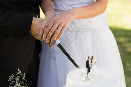 新婚切婚蛋糕的中间一部份新娘裙子团结蛋糕婚姻男人庆典联盟妻子新人戒指高清图片素材