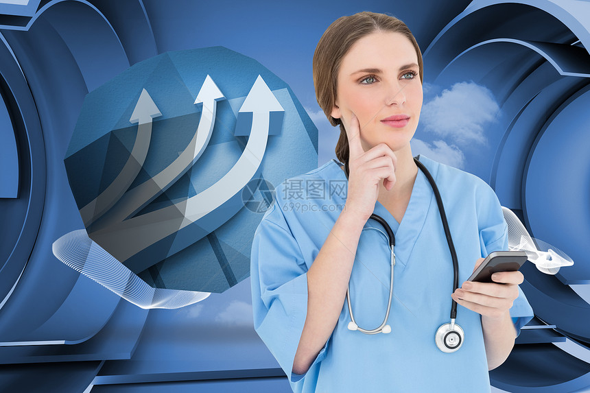 年轻女医生思维综合形象的图象生长手机屏幕制服展示护士进步外科未来派活力图片