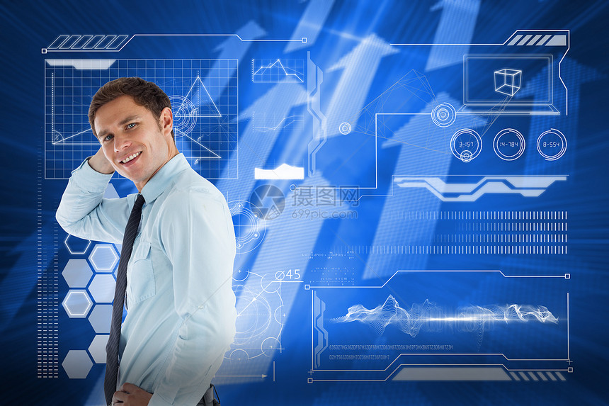 以手持头部思考的商务人士综合图象技术商业职业计算蓝色领带界面绘图短发科技图片