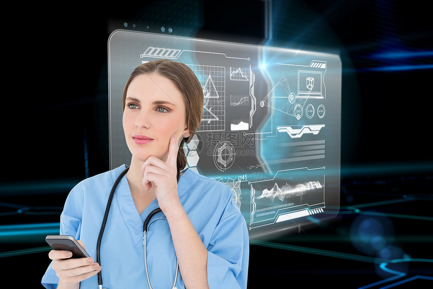 年轻女医生思维综合形象的图象计算蓝色拨号短信界面电路板电话从业者外科制服图片