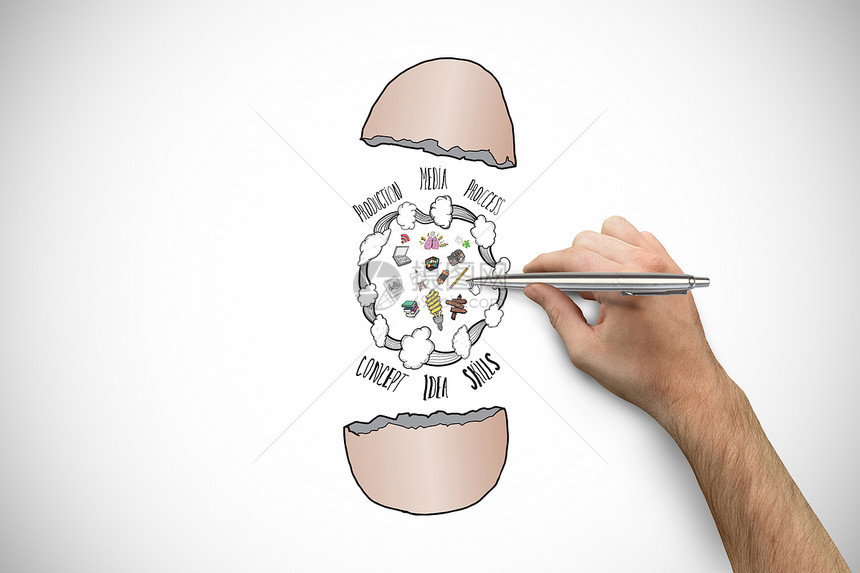 手握银笔的复合图象孵化绘画技术灰色数字计算生产绘图电脑插图图片