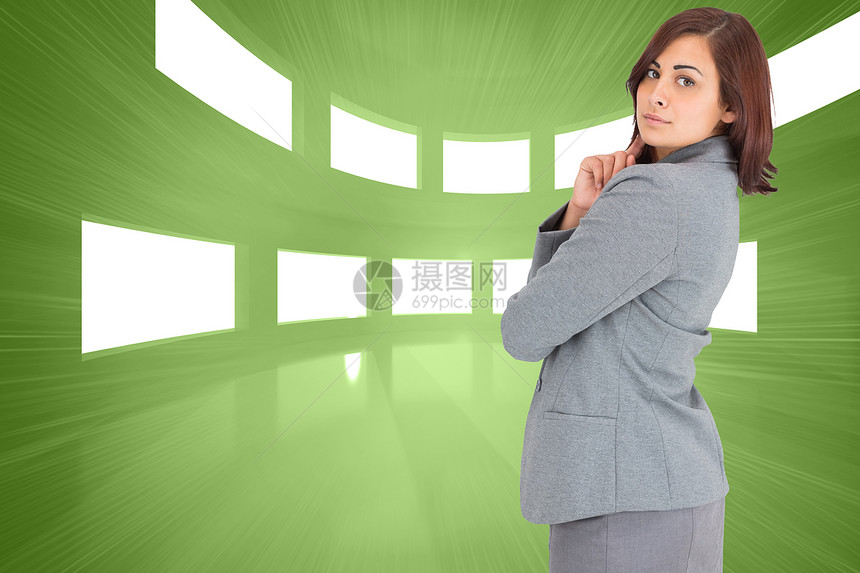 集中的女商务人士综合形象 女性企业家思维公司绘图计算机白色数字商务绿色商业人士图片