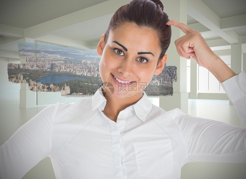 微笑 深思熟虑的女商务人士的综合形象棕色建筑数字摩天大楼商务绘图职业窗户计算机商业图片