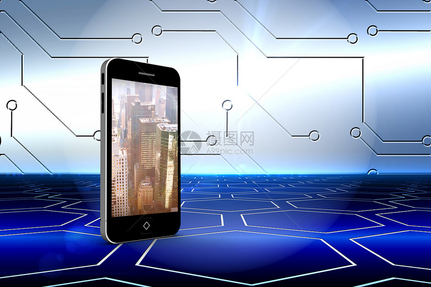 平板屏幕上的城市复合图像计算计算机摩天大楼手机设备绘图景观电路板技术蓝色图片