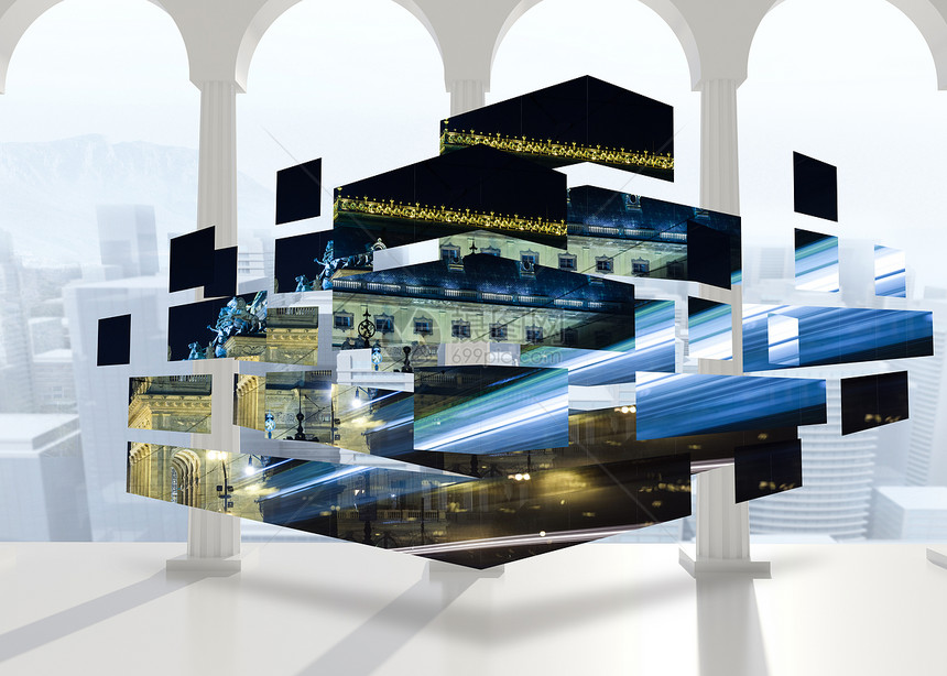 抽象屏幕上的桥上光的复合图象房间城市计算机绘图多云阳光未来派柱子天空景观图片