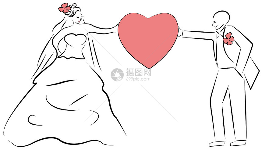 矢量新娘和新郎漫画新人妻子卡通片红色裙子男人夫妻插图套装黑色图片