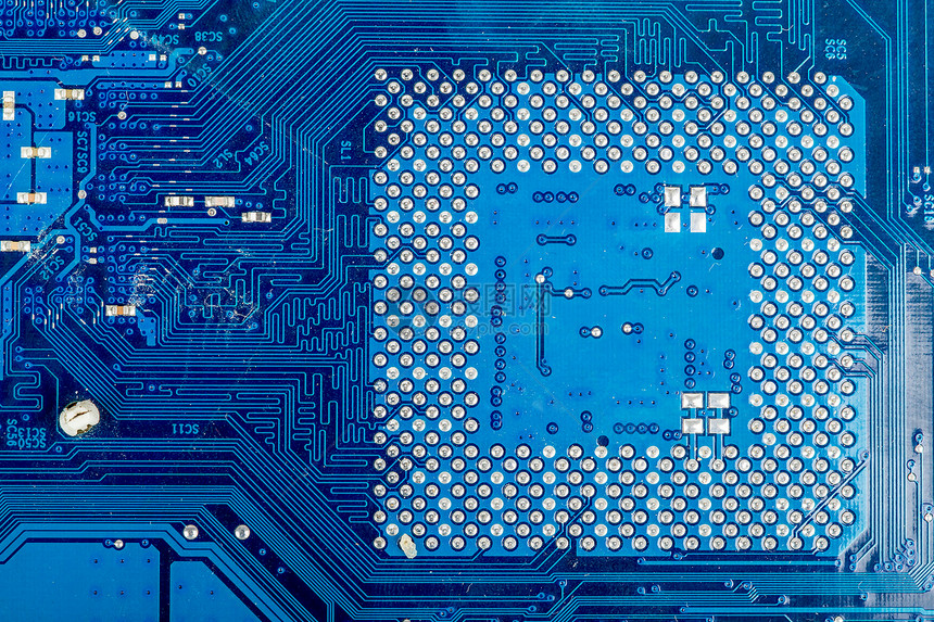 特写计算机电路主机板母板蓝色科学电脑微电子处理器半导体条纹芯片盘子图片