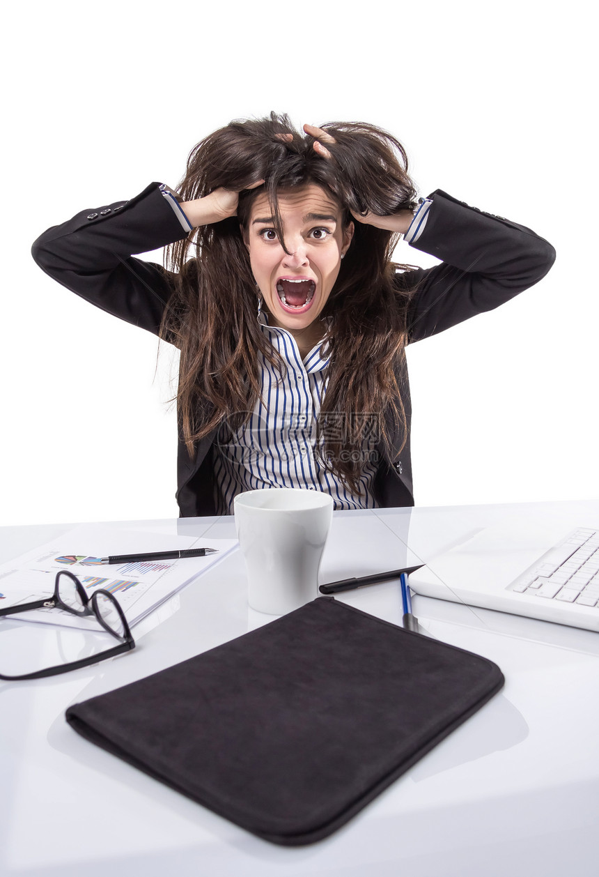 紧张的女商务人士大喊大叫 拉扯头发电脑商务压力女孩人士头痛工作笔记本管理人员挫折图片