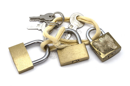 挂锁钥匙安全金属黄铜白色背景图片