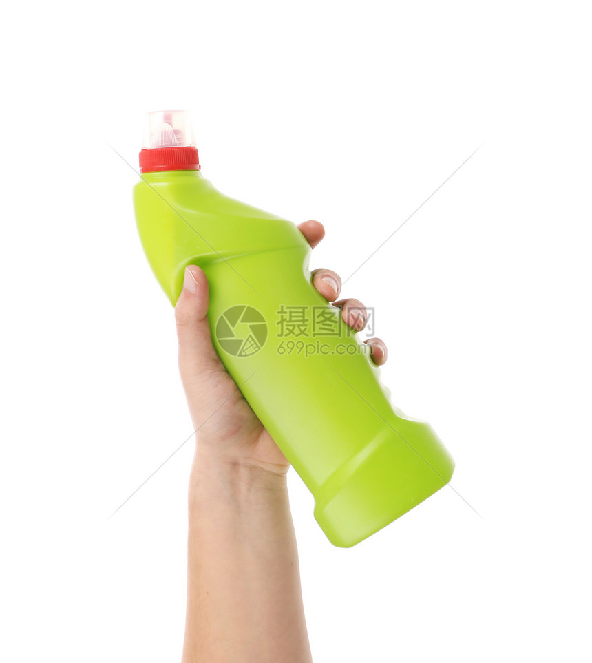 握着绿色瓶子的手塑料房子清洁工安全园艺化学品服务家庭工具主妇图片