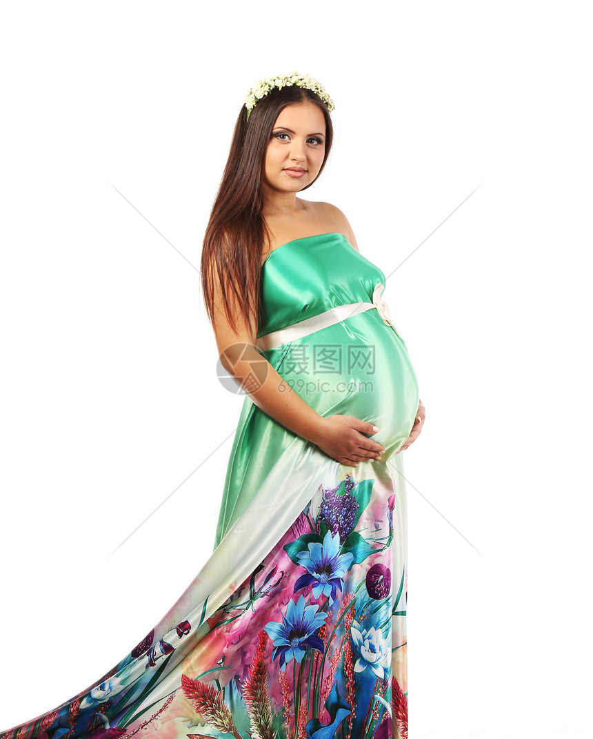 美丽的年轻怀孕妇女手指产妇身体胸部女士妈妈白色分娩父母衣服图片