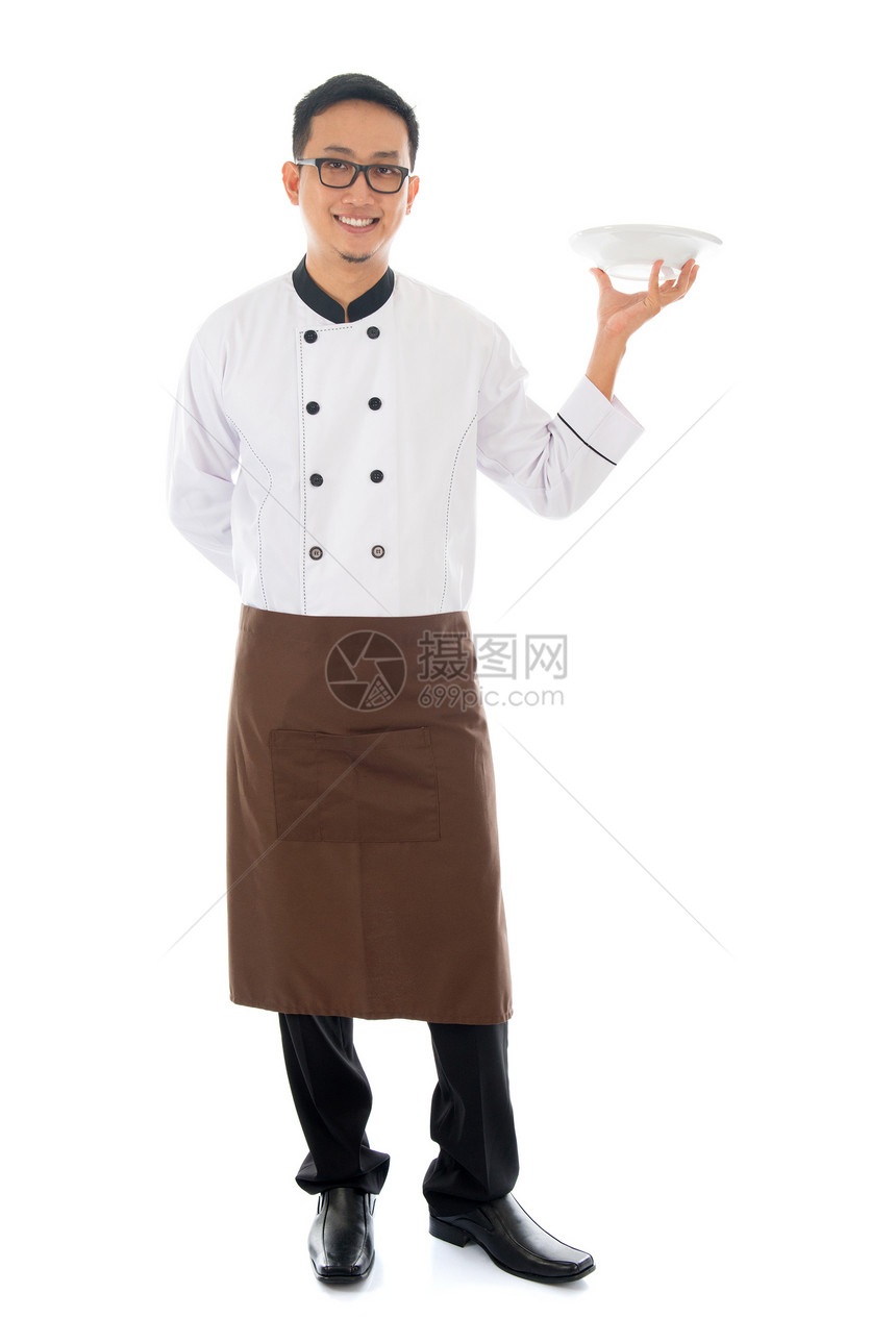 亚洲男厨师盘子商业快乐身体冒充服务员男人服务全身食物图片