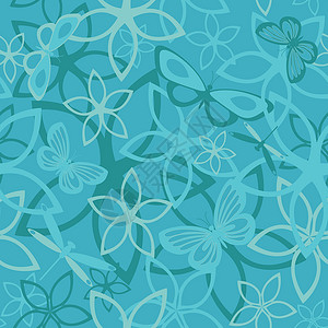 花蝴蝶抽象背景 无缝织物风格纹理艺术蓝色白色装饰品插图正方形蜻蜓背景图片