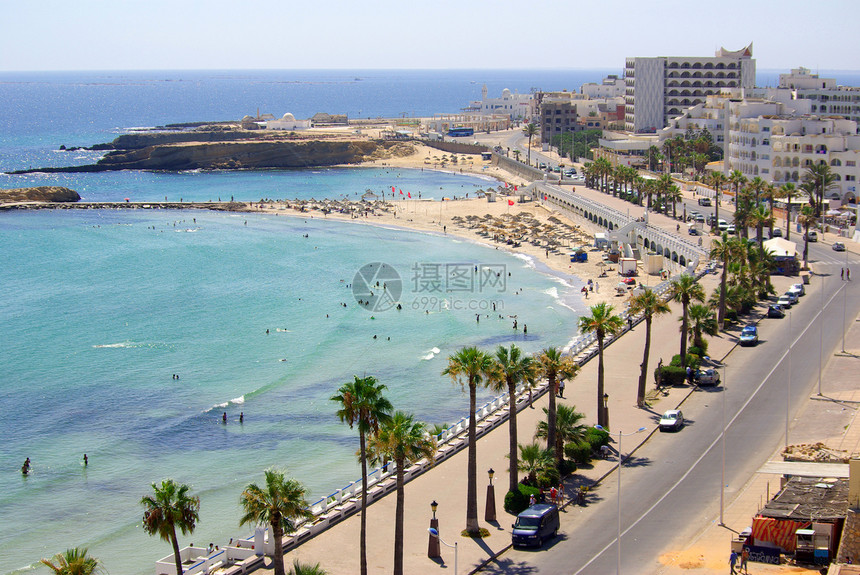 非洲突尼斯莫纳斯蒂尔海海岸景观建筑学城市地标天线海岸国家建筑圆顶蓝色图片
