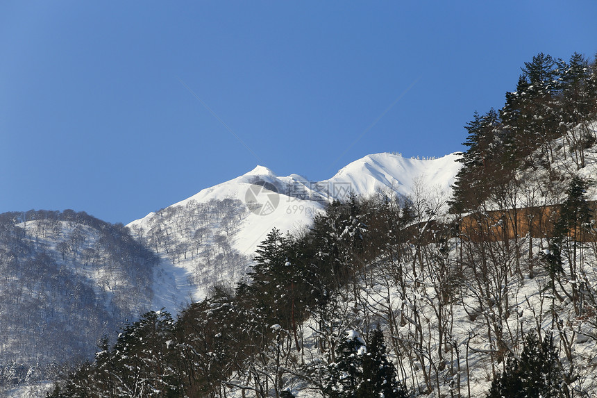 高山日本山的雪覆盖山滑雪天空生态蓝天首脑季节顶峰五龙观光胜地图片