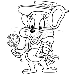 老鼠棒棒糖微笑快乐动物帽子插图卡通片绘画黑与白手绘糖果背景图片