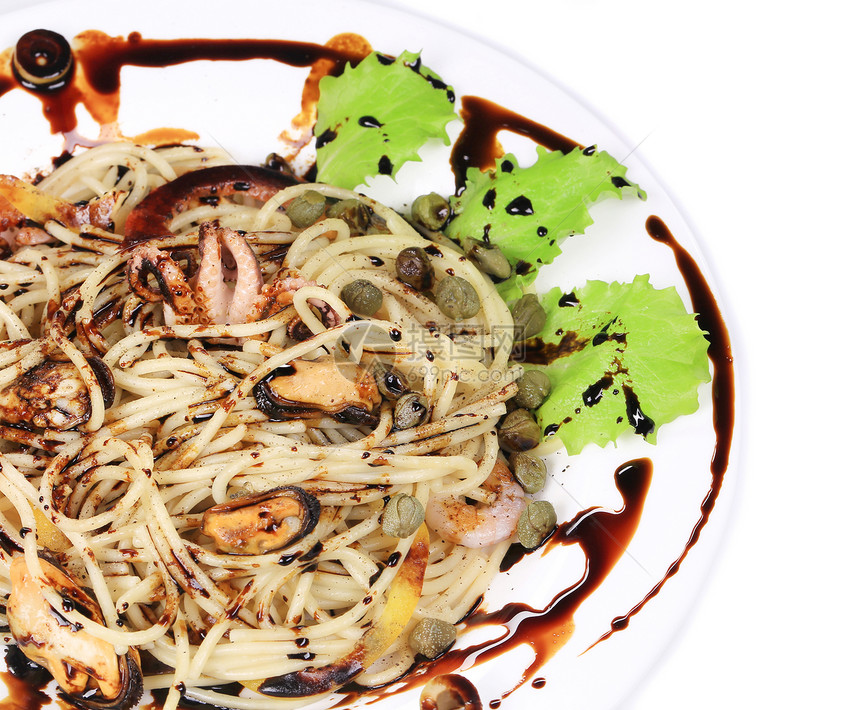 配意大利面海沙拉面条绿色盘子章鱼红色胡椒白色食物大豆黄色图片