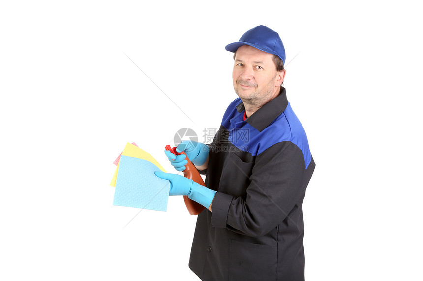 人持有喷雾瓶和海绵擦洗男人男性衣服家庭服务家务工作女佣手套图片