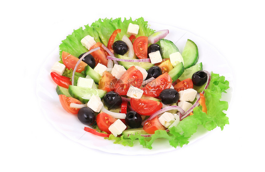 希腊沙拉在盘子里胡椒蔬菜草药美食黄瓜饮食洋葱食物健康饮食图片