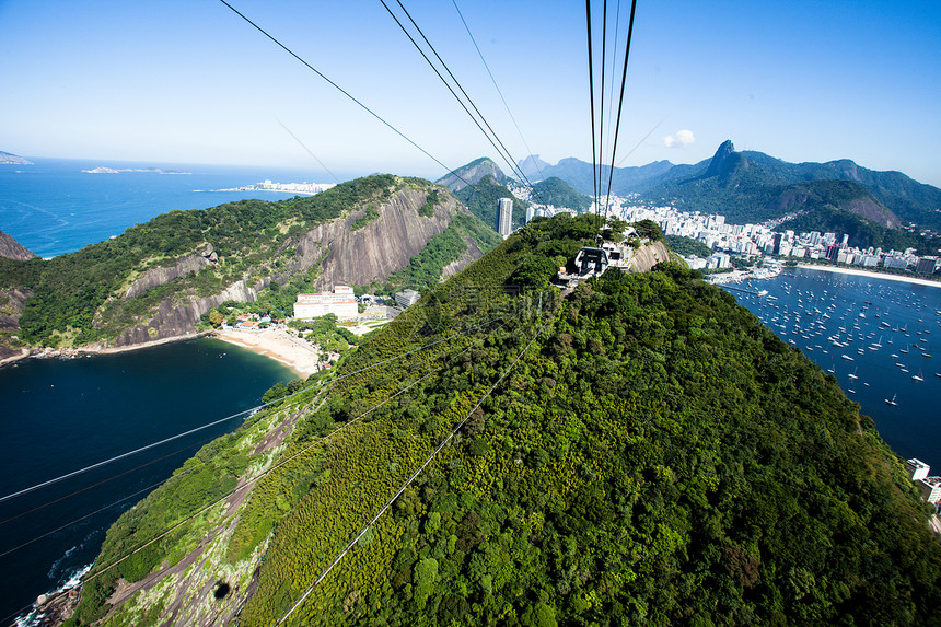 在巴西里约热内卢 有线汽车驶往甘蔗湖旅游海岸城市地标海洋蓝色景观吸引力缆车天空图片