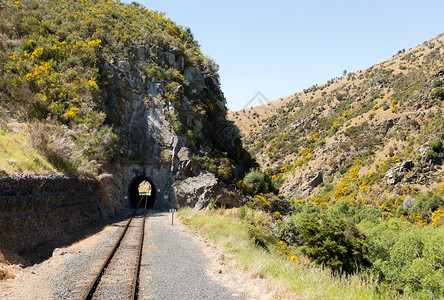 偏心废线隧道铁路在塔耶里峡谷的铁轨上行驶新西兰山脉旅游岩石运输窄轨风景地标单线黄色旅行背景