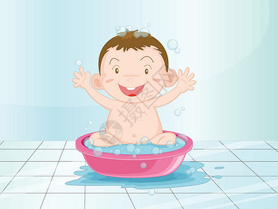 肥皂气泡宝宝在浴室里卫生新生男生肥皂男性婴儿儿童艺术淋浴卡通片插画