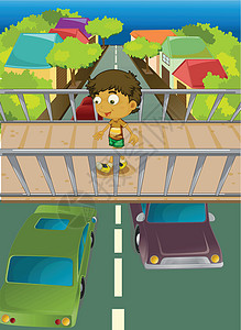 步行桥立交桥上的男孩跑步运输孩子们交通城市道路天空蓝色车道天桥插画