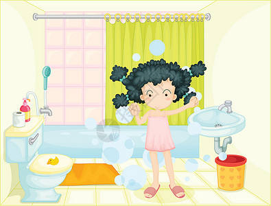 肥皂气泡厕所里的孩子卫生插图洗手间淋浴龙头房间肥皂公寓浴缸女孩插画